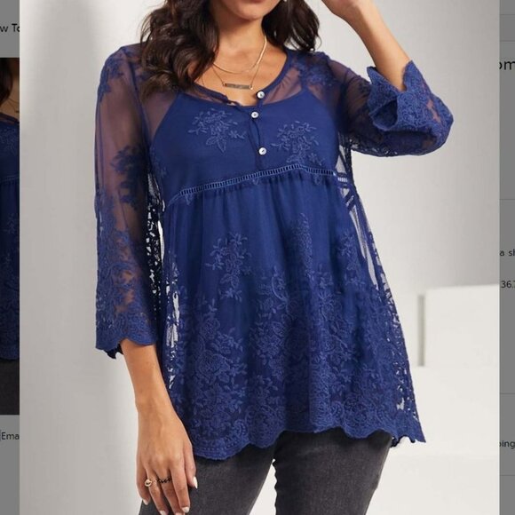 Slate Floral Lace-Overlay Button-Front Empire-Waist Tunic, NWT, 1X - Picture 1 of 8